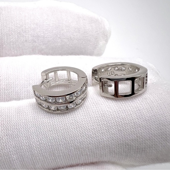 .925 Sterling Silver Cz Huggie Hoop Earrings - Picture 6 of 16